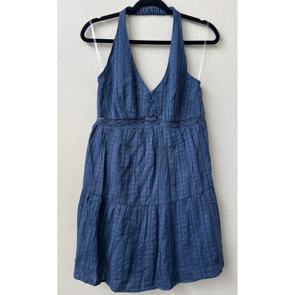 NWT No Boundaries Blue Halter Smocked Floral Jacquard Medium Mini Dress